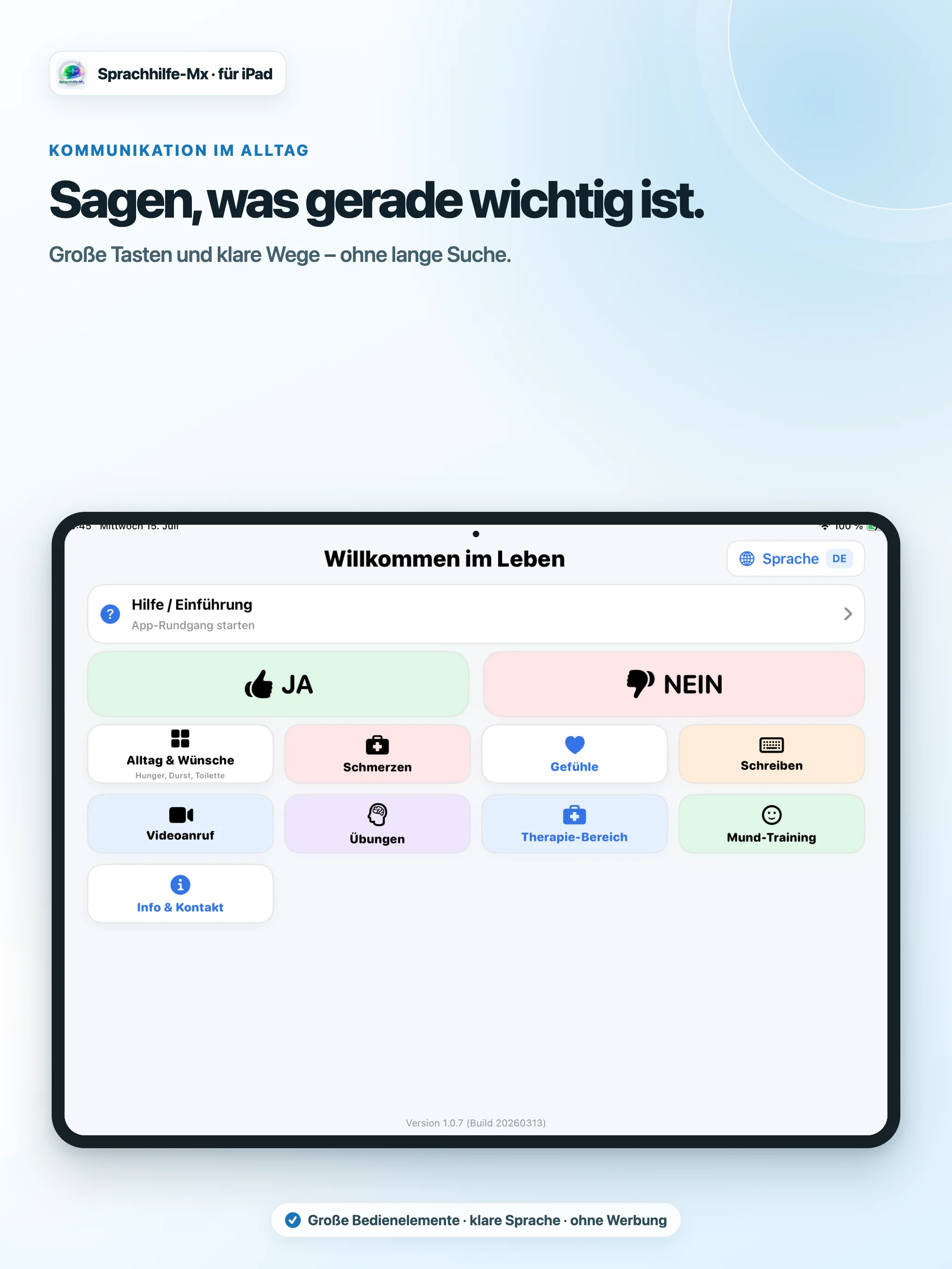 Aktuelle Sprachhilfe-Mx Startansicht auf dem iPad mit großen Feldern für Ja, Nein, Alltag, Schmerzen, Gefühle, Schreiben, Videoanruf, Übungen, Therapie und Mundtraining.