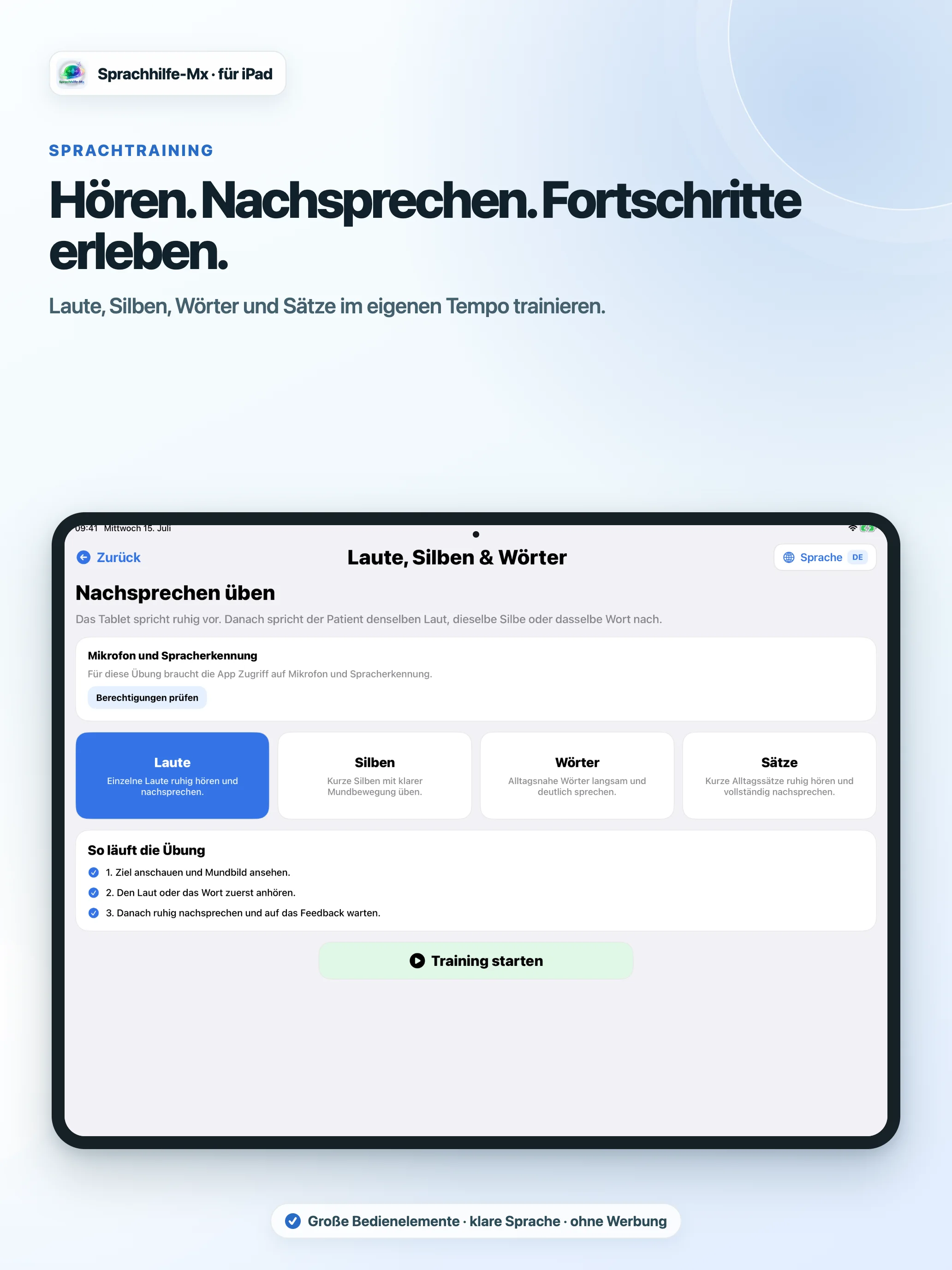 Aktuelle Sprachtraining-Ansicht der iPad-App für Laute, Silben, Wörter und Sätze mit einem klaren Trainingsablauf.