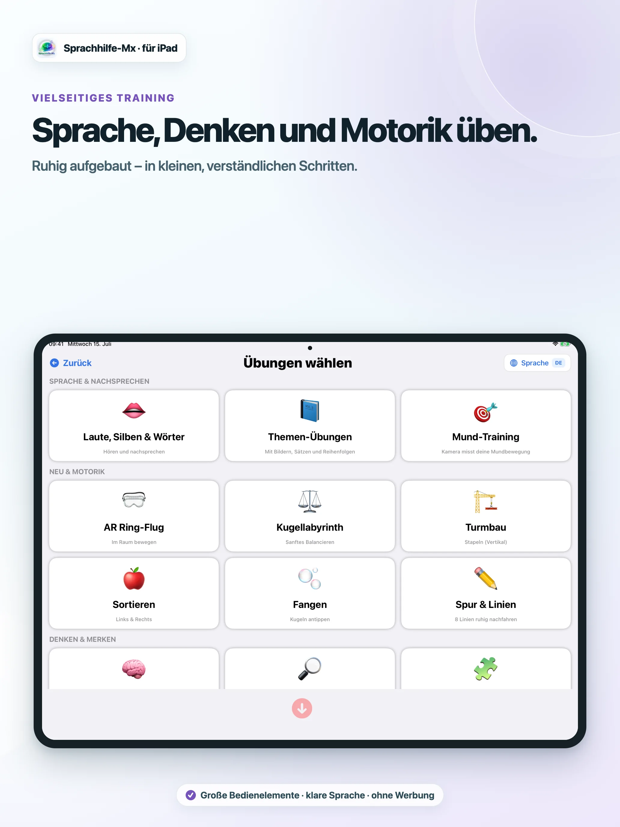 Aktuelle Trainingsübersicht der iPad-App mit Sprachübungen, Mundtraining, AR-Ringflug, Kugellabyrinth, Turmbau, Sortieren, Fangen, Spuren und weiteren Denkübungen.