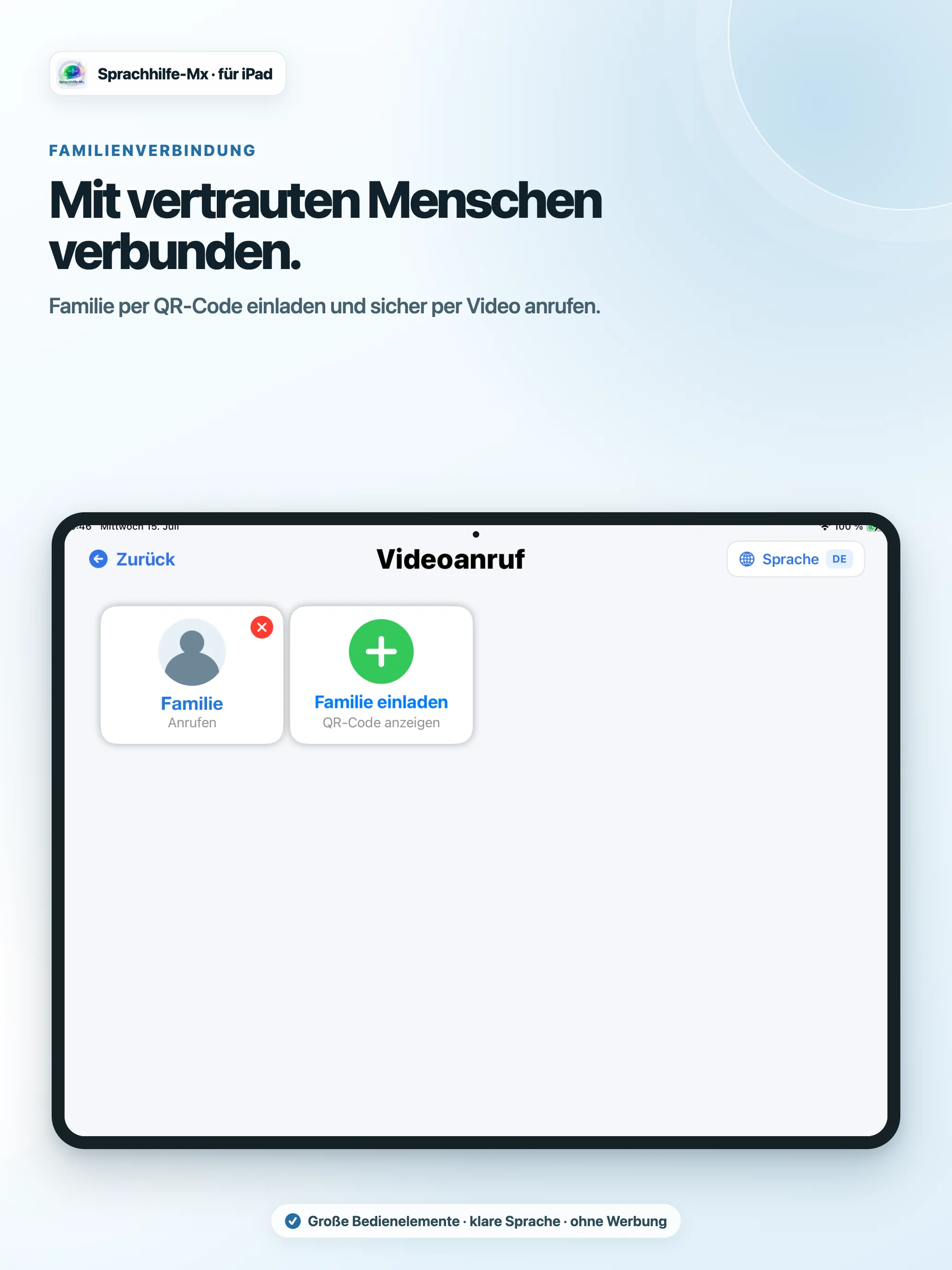 Aktuelle Videoanruf-Ansicht der iPad-App mit anonymisiertem Familienkontakt und Funktion zum Einladen weiterer Angehöriger.